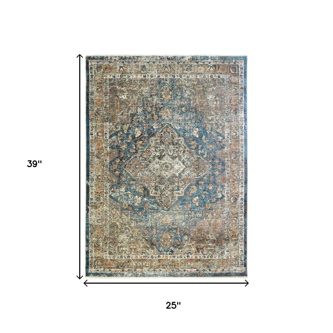 2 x 3 Blue and Brown Oriental Distressed Area Rug With Fringe Image 5