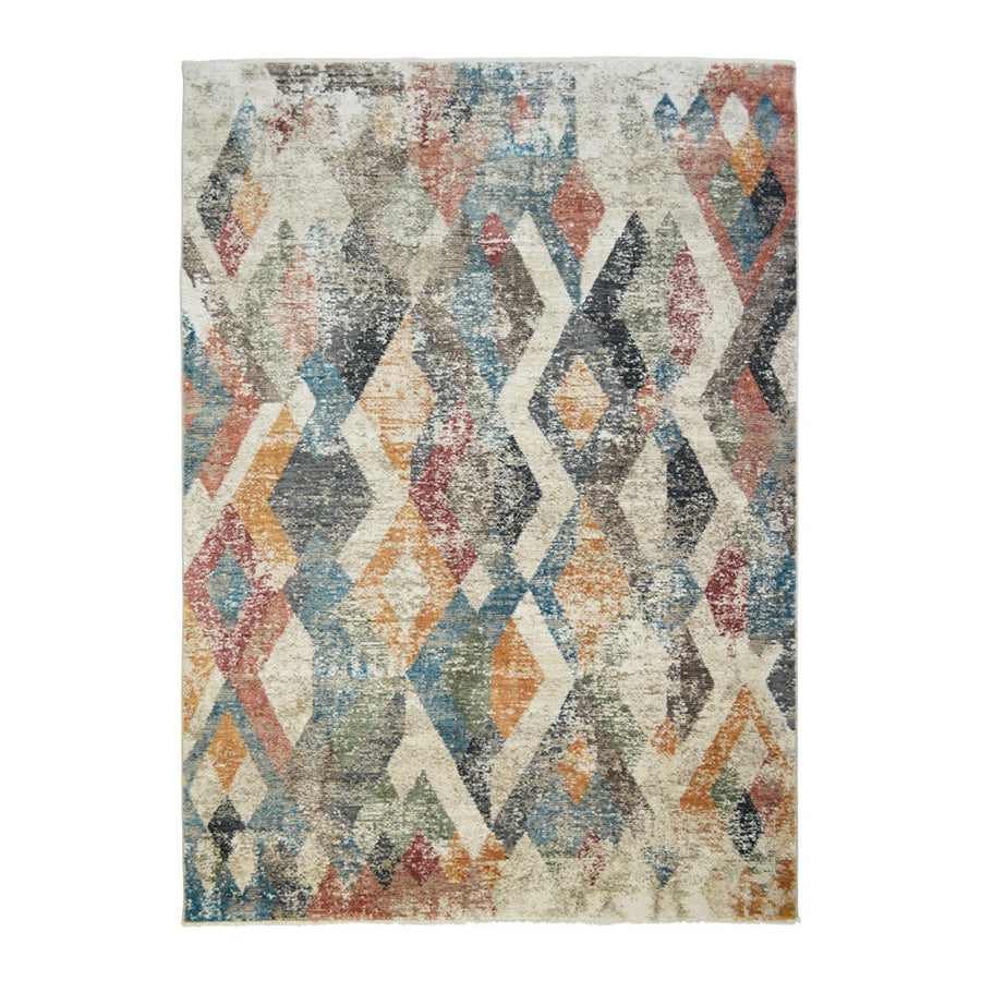 2 x 3 Beige Blue and Gray Geometric Distressed Area Rug With Fringe Image 1