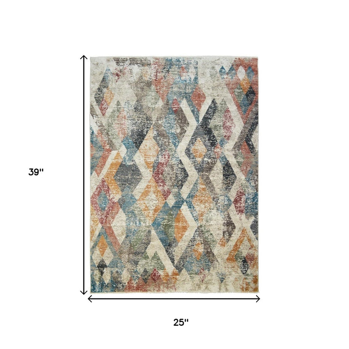 2 x 3 Beige Blue and Gray Geometric Distressed Area Rug With Fringe Image 2