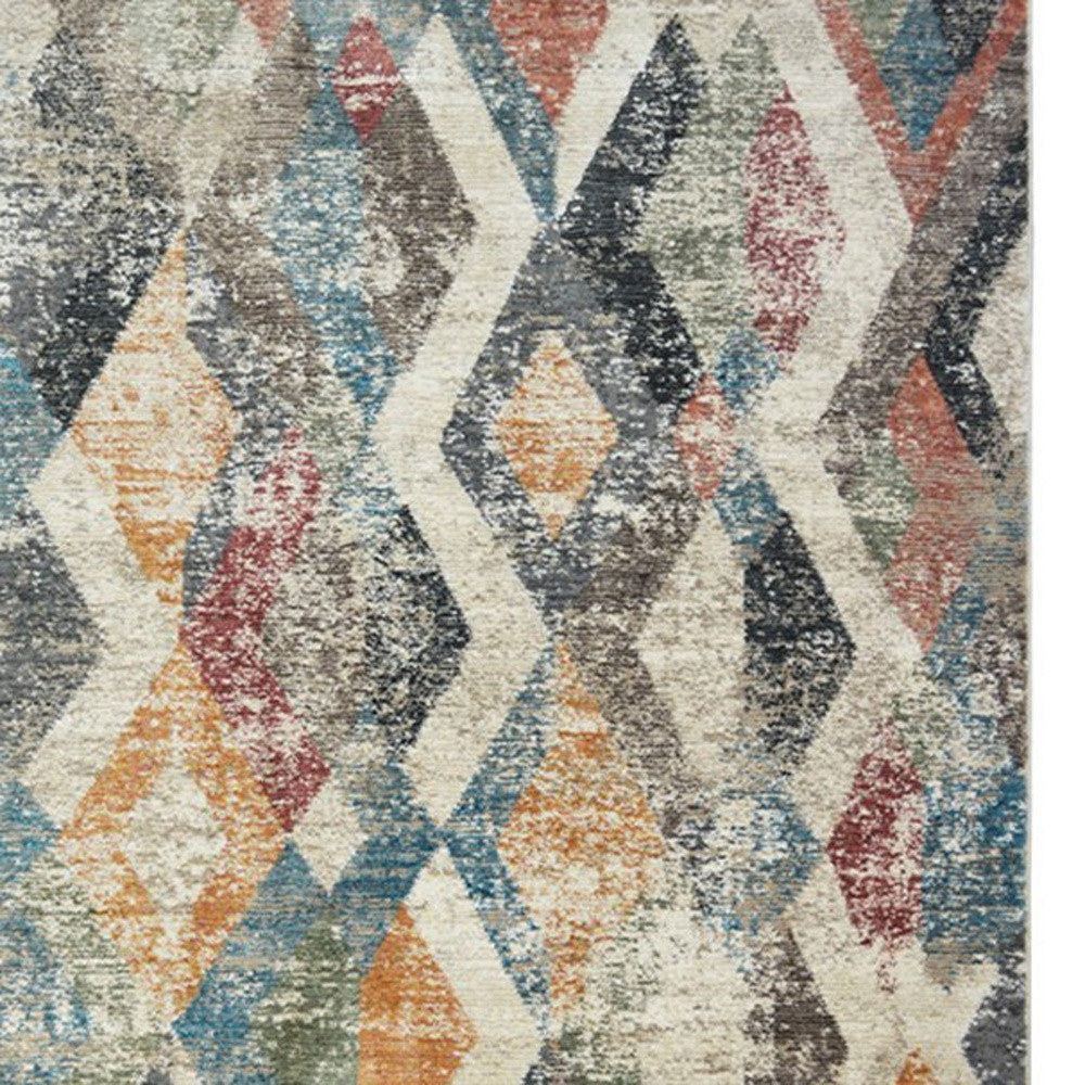 2 x 3 Beige Blue and Gray Geometric Distressed Area Rug With Fringe Image 3