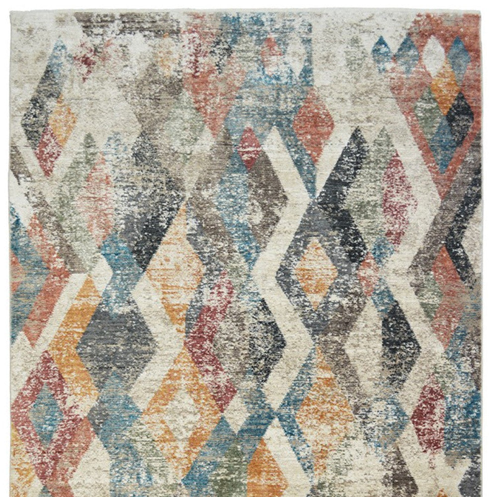 2 x 3 Beige Blue and Gray Geometric Distressed Area Rug With Fringe Image 4