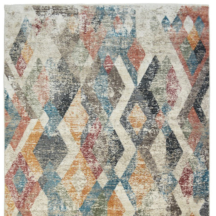 2 x 3 Beige Blue and Gray Geometric Distressed Area Rug With Fringe Image 4