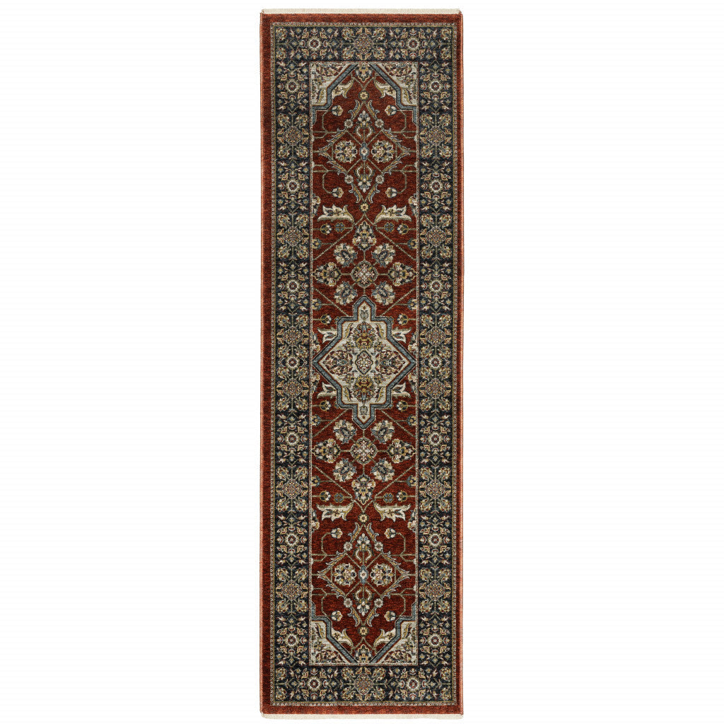 2 X 8 Red Ivory Blue Navy Gold And Grey Oriental Power Loom Stain Resistant Runner Rug With Fringe Image 1