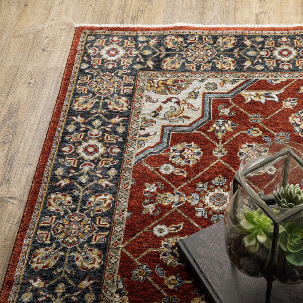 2 X 8 Red Ivory Blue Navy Gold And Grey Oriental Power Loom Stain Resistant Runner Rug With Fringe Image 4