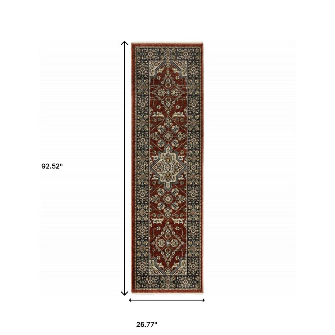 2 X 8 Red Ivory Blue Navy Gold And Grey Oriental Power Loom Stain Resistant Runner Rug With Fringe Image 10