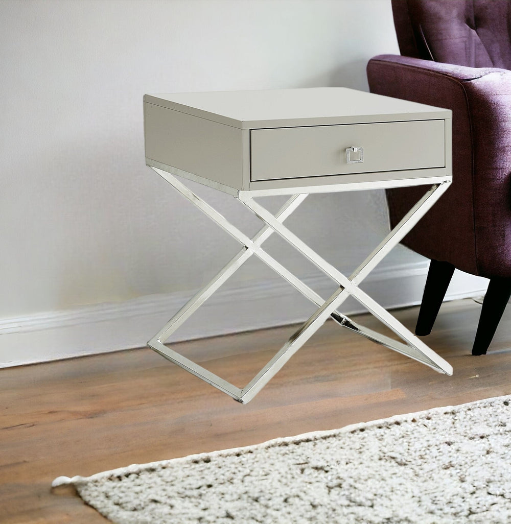 25" Silver Metallic and Light Gray End Table with Drawer Image 2