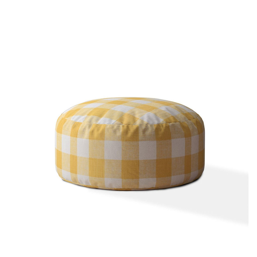 24" Yellow and White Canvas Round Gingham Pouf Ottoman Image 1