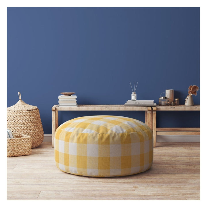 24" Yellow and White Canvas Round Gingham Pouf Ottoman Image 2