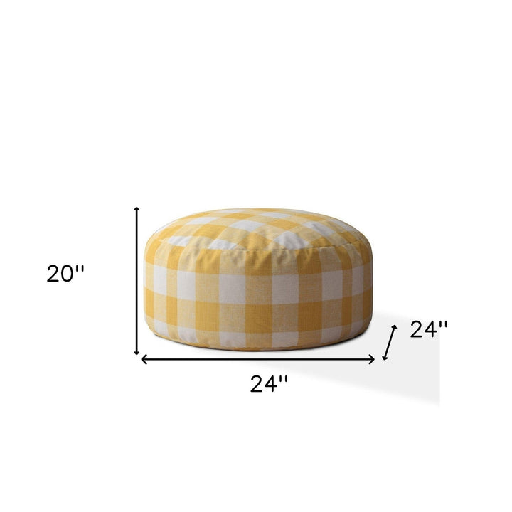 24" Yellow and White Canvas Round Gingham Pouf Ottoman Image 3