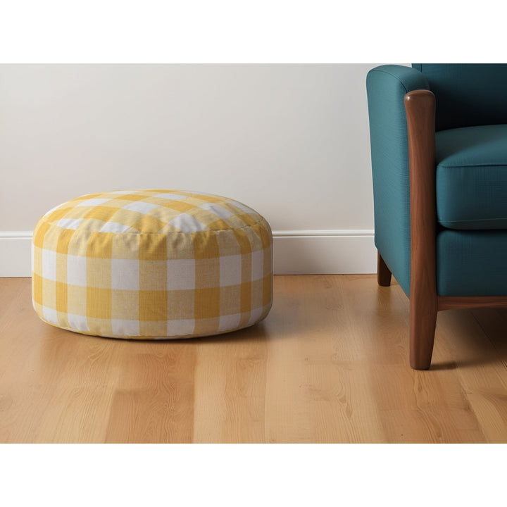 24" Yellow and White Canvas Round Gingham Pouf Ottoman Image 4