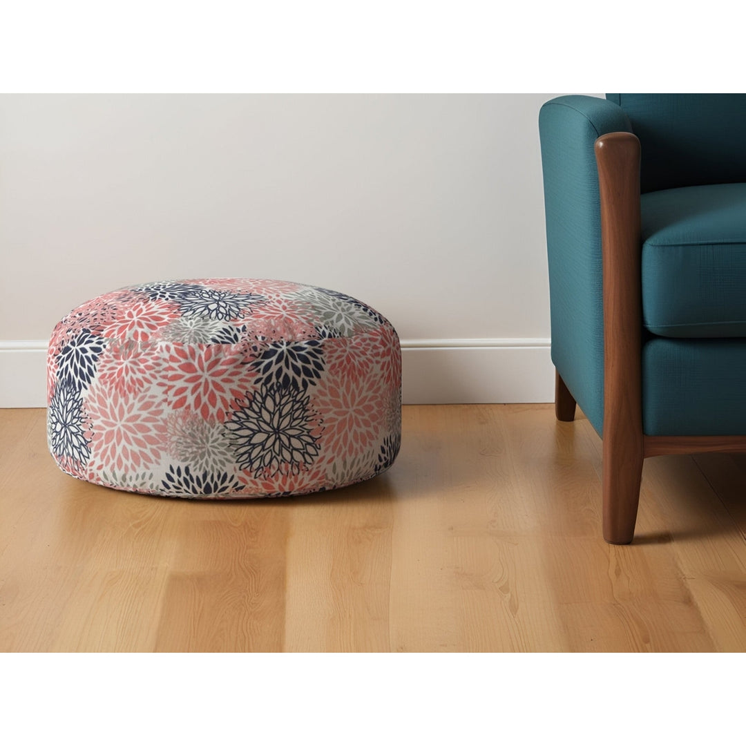 24" Coral Polyester Round Floral Pouf Ottoman Image 4