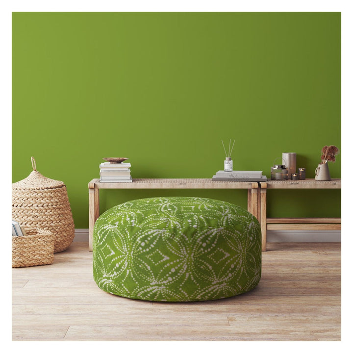 24" Green And White Cotton Round Damask Pouf Cover Image 3