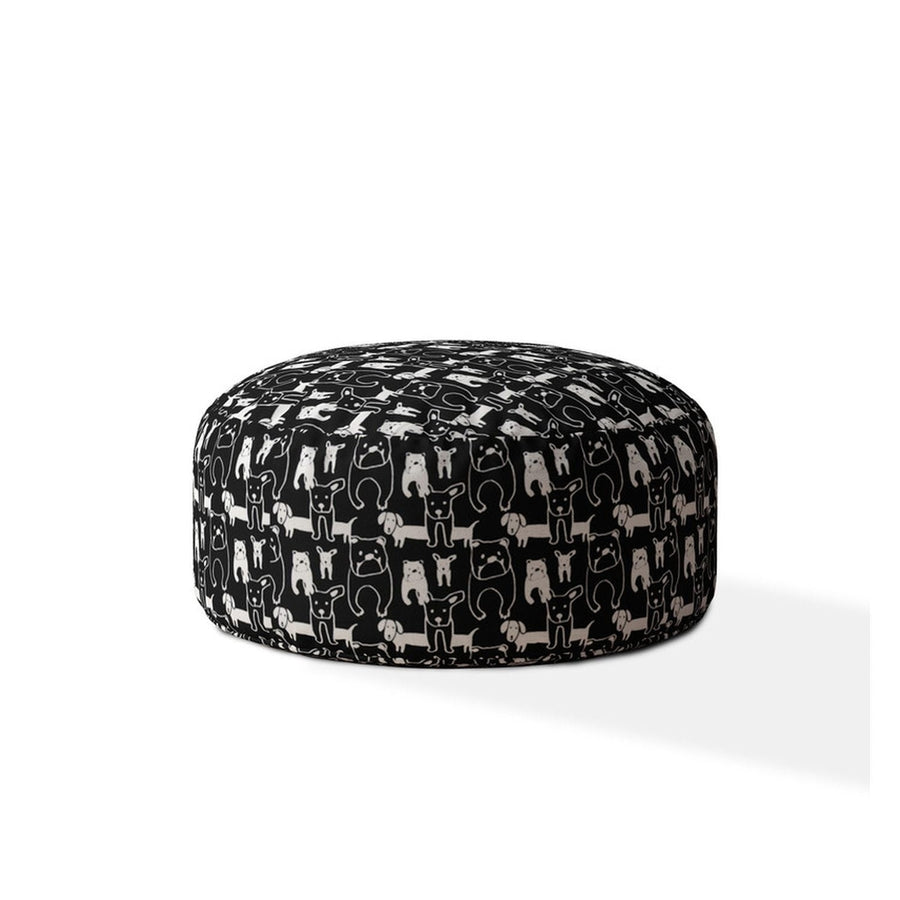 24" Black Cotton Round Animal Print Pouf Ottoman Image 1