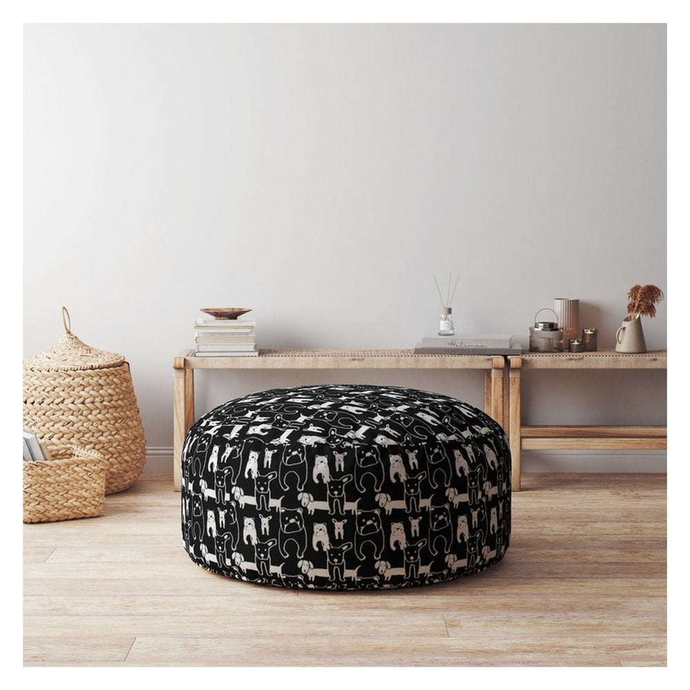 24" Black Cotton Round Animal Print Pouf Ottoman Image 2