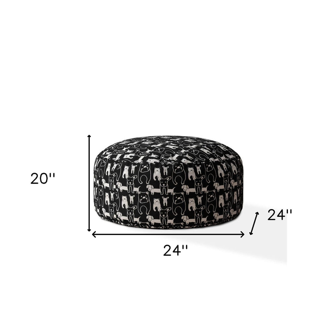 24" Black Cotton Round Animal Print Pouf Ottoman Image 3