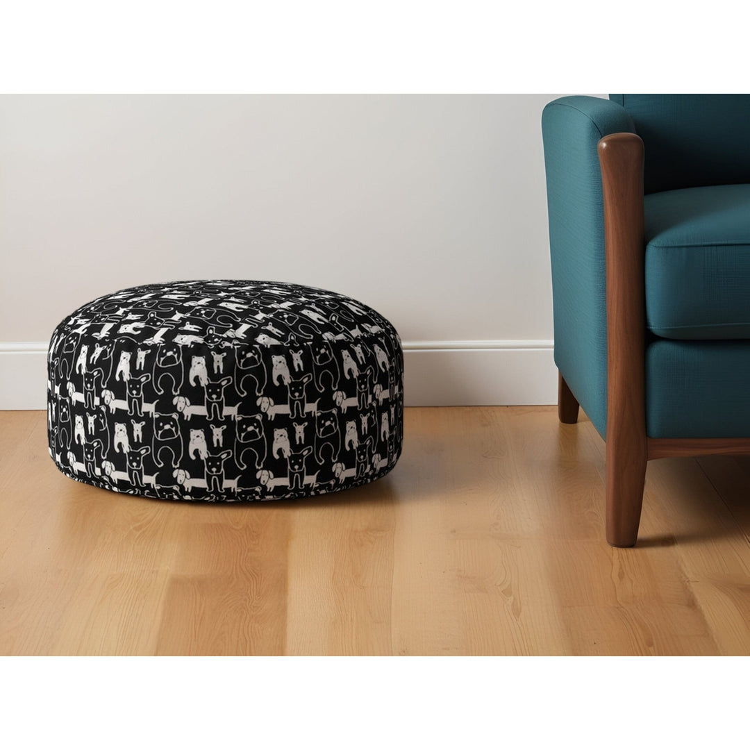 24" Black Cotton Round Animal Print Pouf Ottoman Image 4