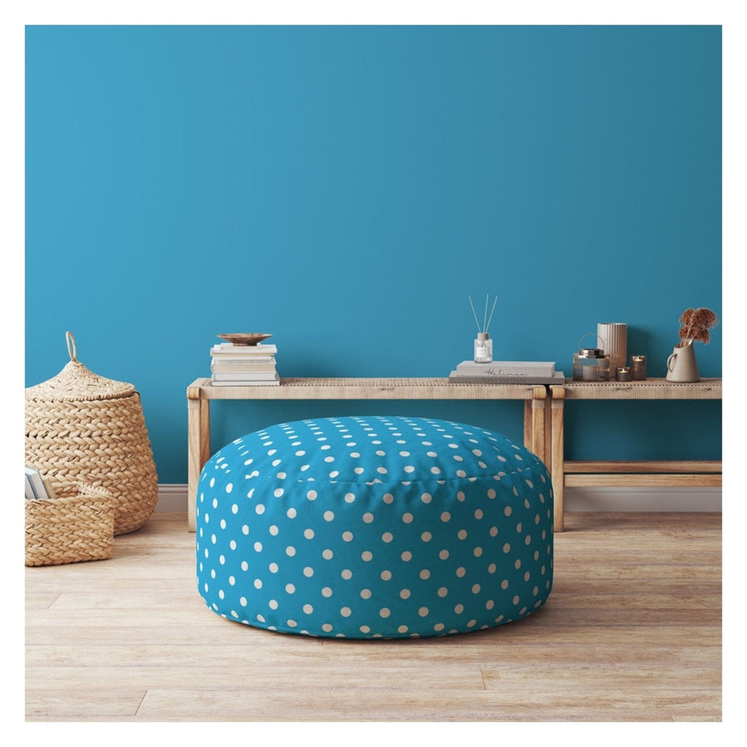 24" Blue And White Cotton Round Polka Dots Pouf Cover Image 3