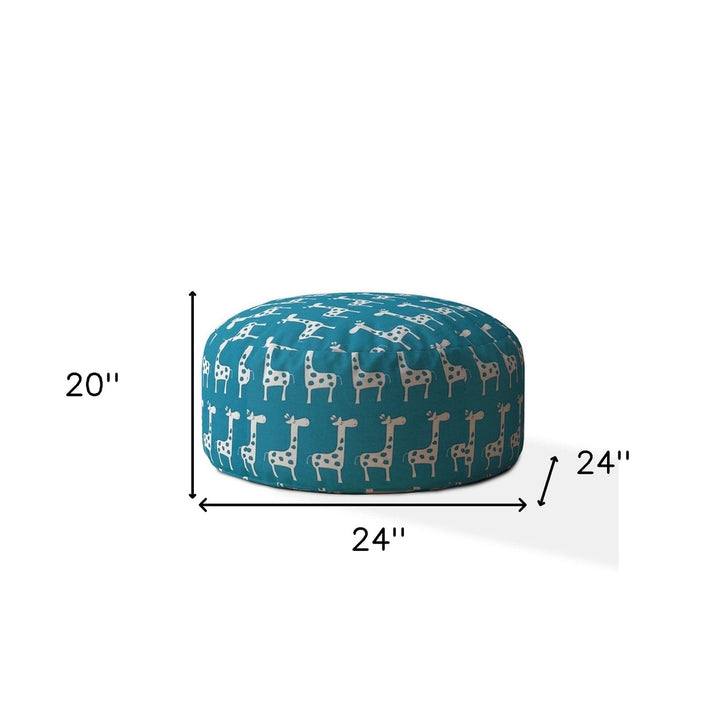 24" Blue and White Cotton Round Giraffe Pouf Ottoman Image 3