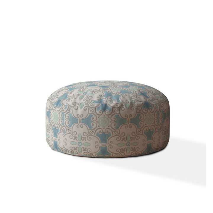 24" Blue Cotton Round Ikat Pouf Ottoman Image 1