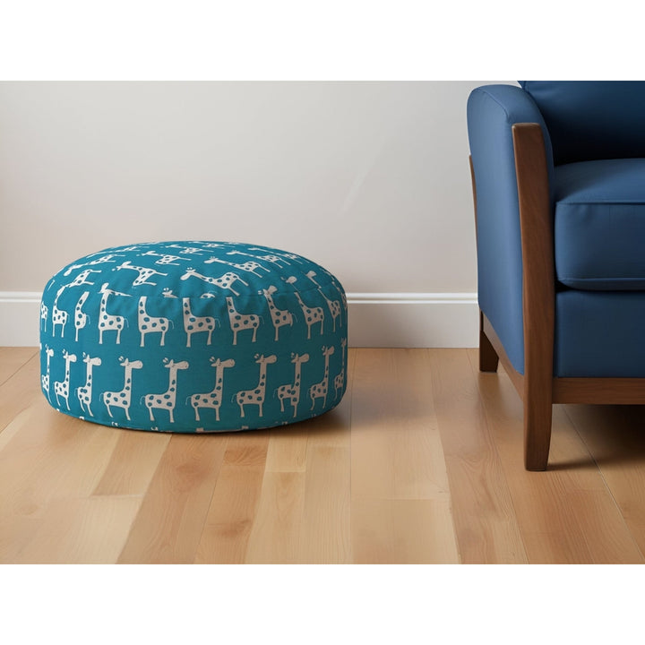 24" Blue and White Cotton Round Giraffe Pouf Ottoman Image 4