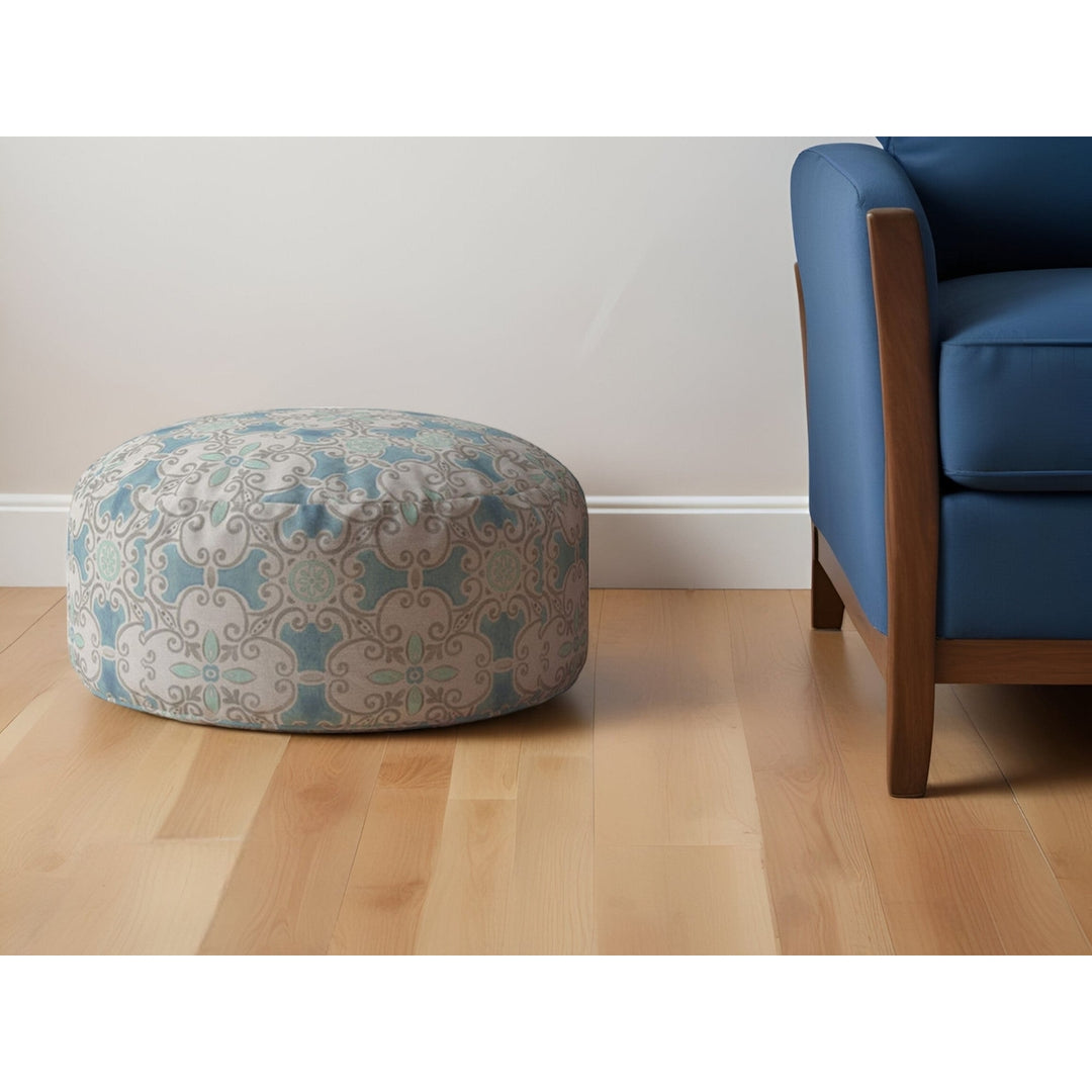 24" Blue Cotton Round Ikat Pouf Ottoman Image 4