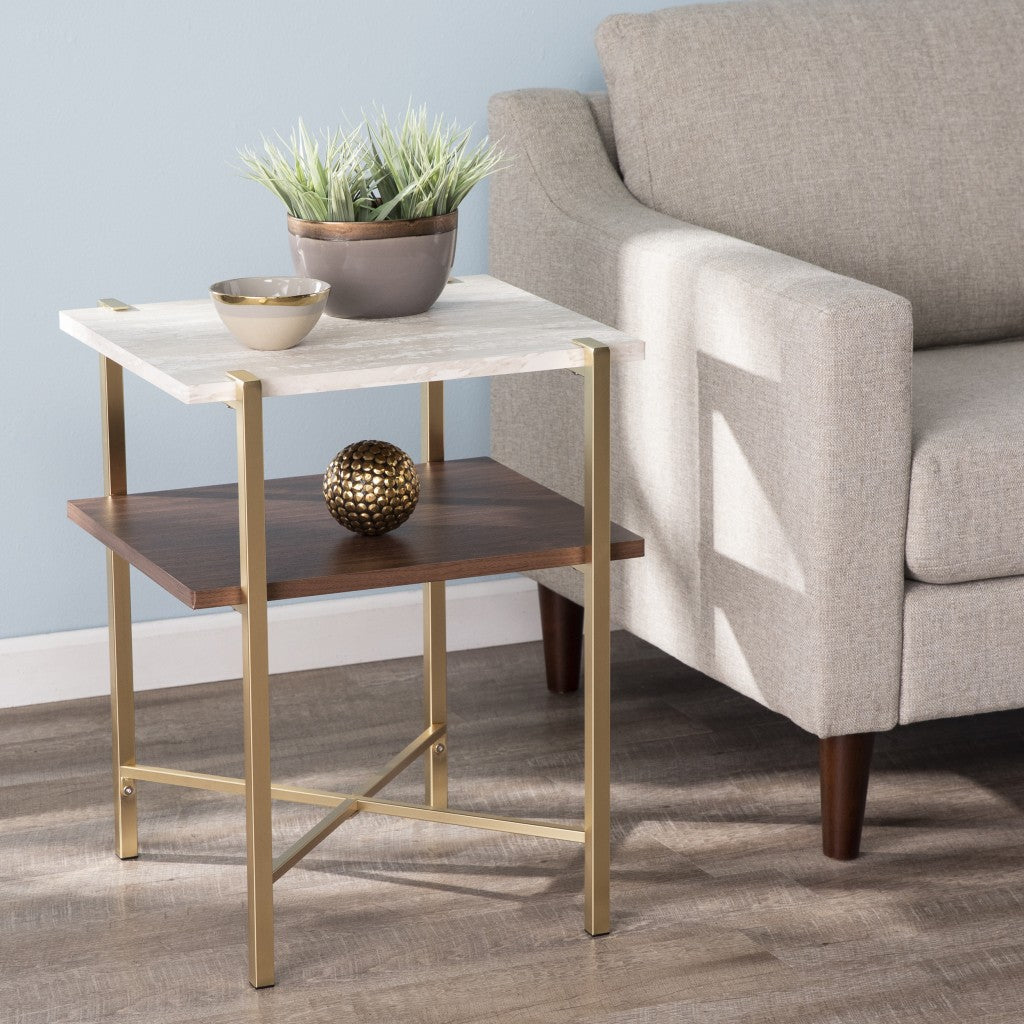 24" Brass Manufactured Wood And Iron Square End Table With Shelf Image 1