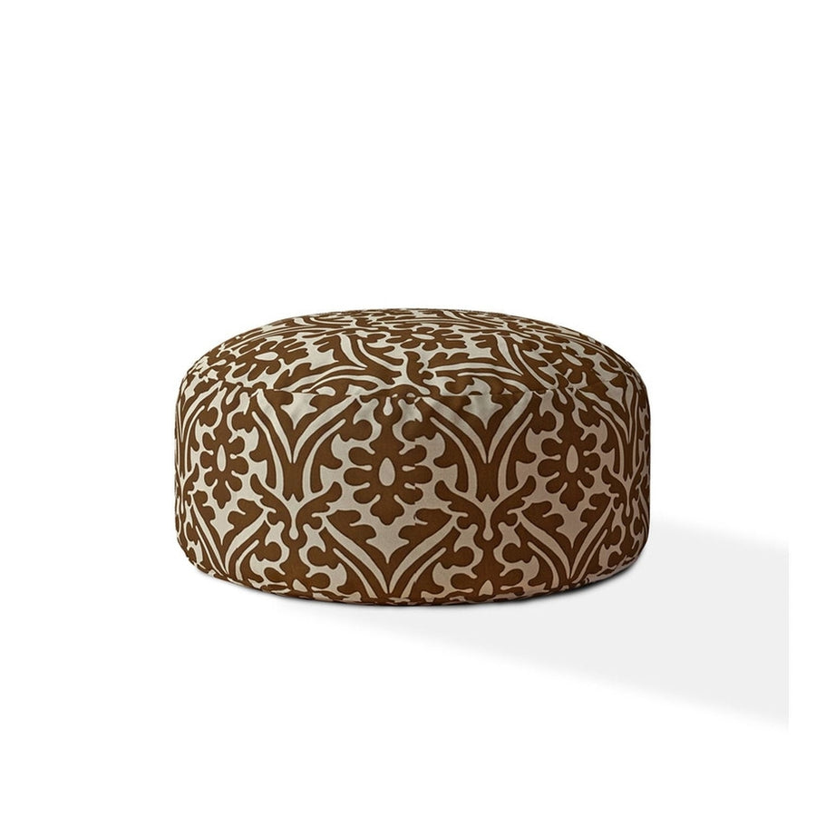 24" Brown Cotton Round Damask Pouf Ottoman Image 1