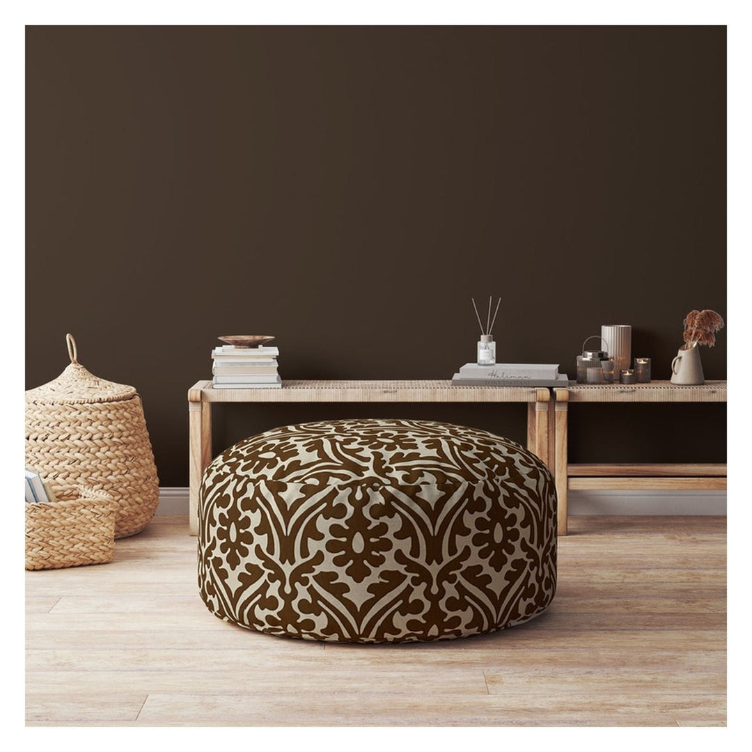 24" Brown Cotton Round Damask Pouf Ottoman Image 2