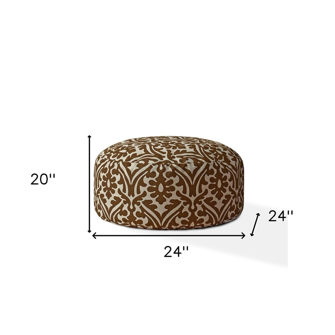 24" Brown Cotton Round Damask Pouf Ottoman Image 3