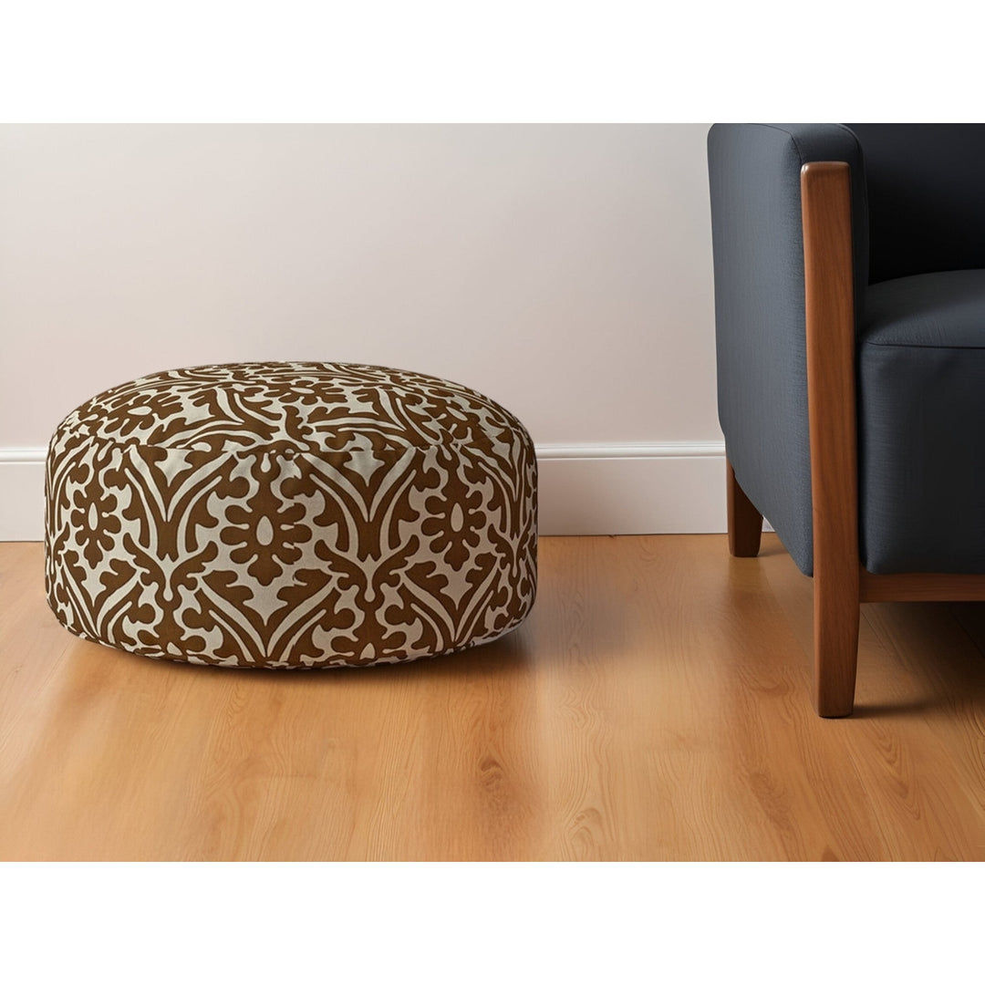 24" Brown Cotton Round Damask Pouf Ottoman Image 4