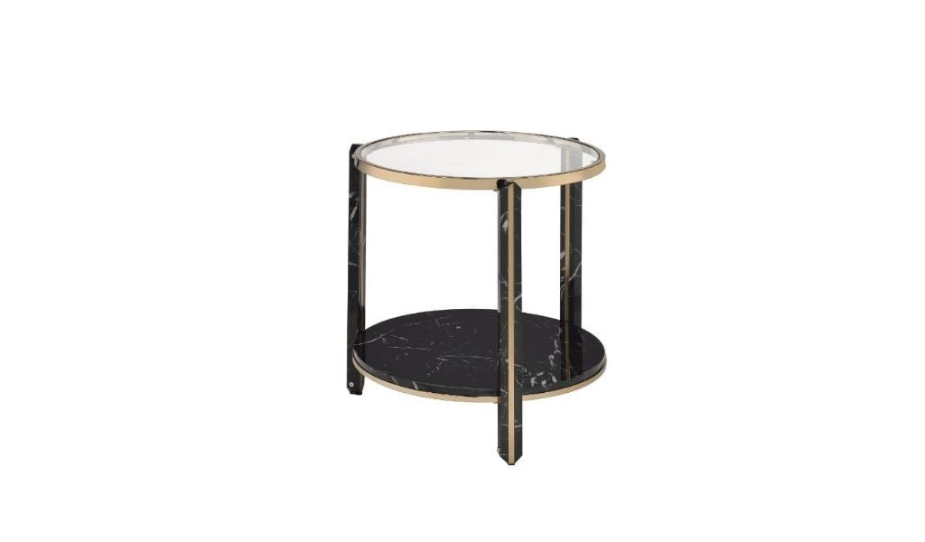 24" Champagne And Clear Glass And Metal Round End Table With Shelf Image 1