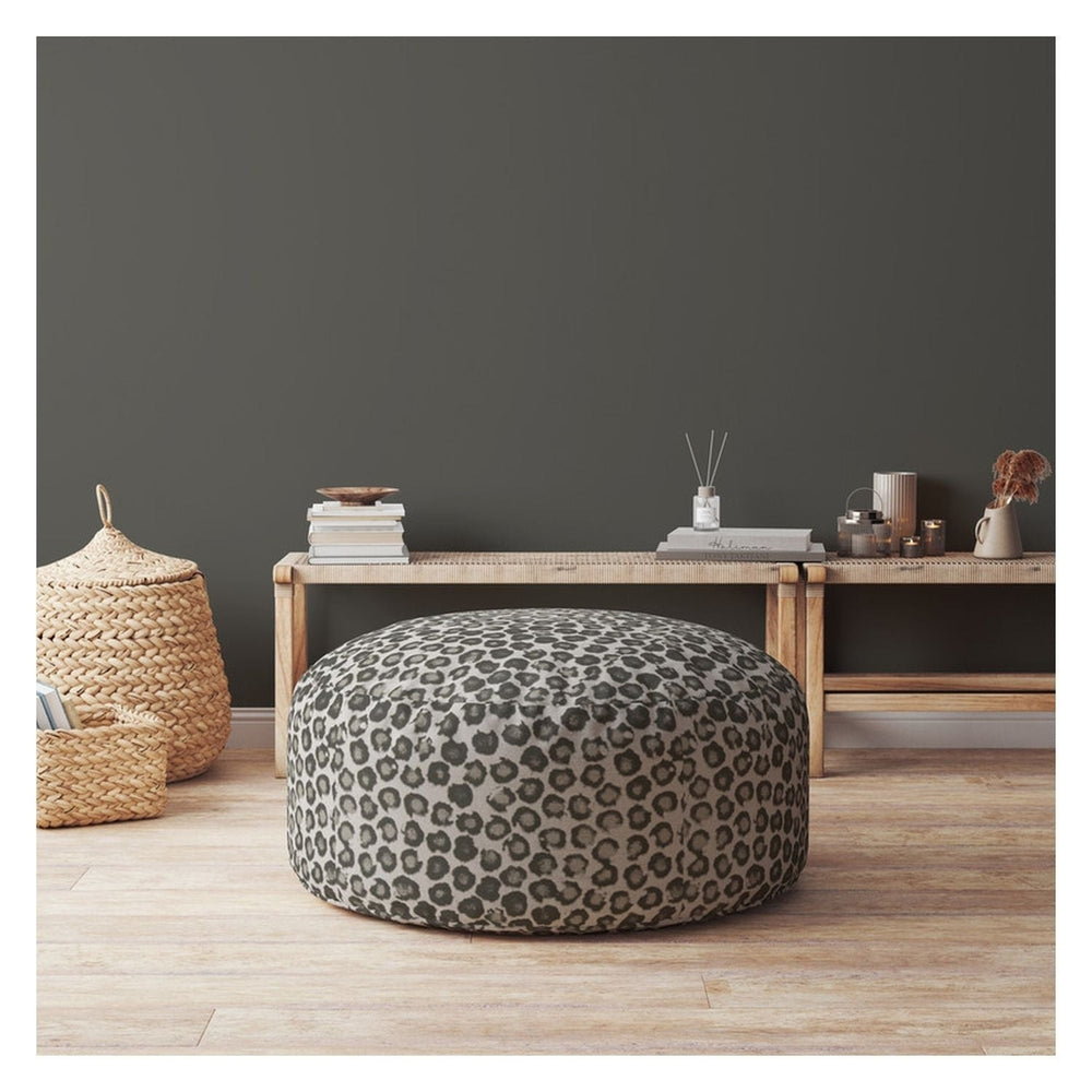 24" Beige Cotton Round Floral Pouf Ottoman Image 2