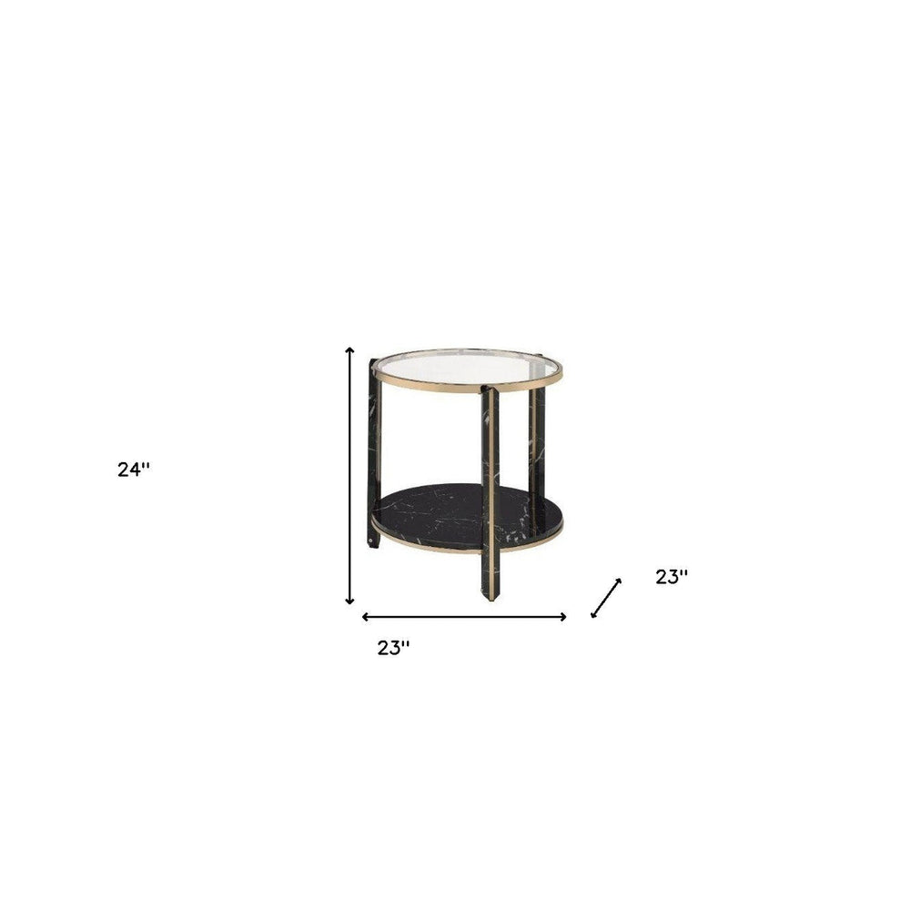 24" Champagne And Clear Glass And Metal Round End Table With Shelf Image 2