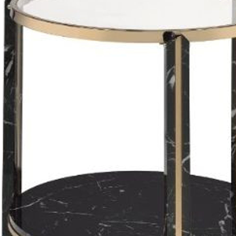 24" Champagne And Clear Glass And Metal Round End Table With Shelf Image 3