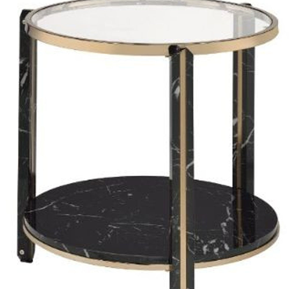 24" Champagne And Clear Glass And Metal Round End Table With Shelf Image 4