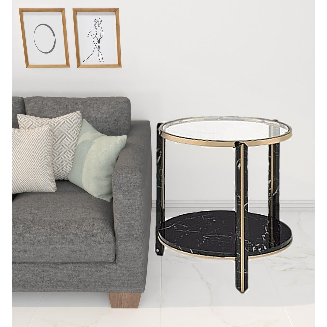 24" Champagne And Clear Glass And Metal Round End Table With Shelf Image 5