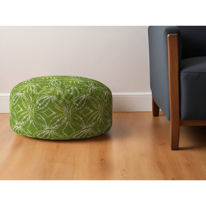 24" Green and White Cotton Round Damask Pouf Ottoman Image 4