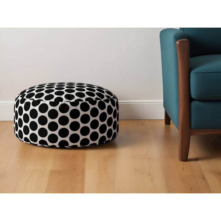 24" Black and White Cotton Round Polka Dots Pouf Ottoman Image 4