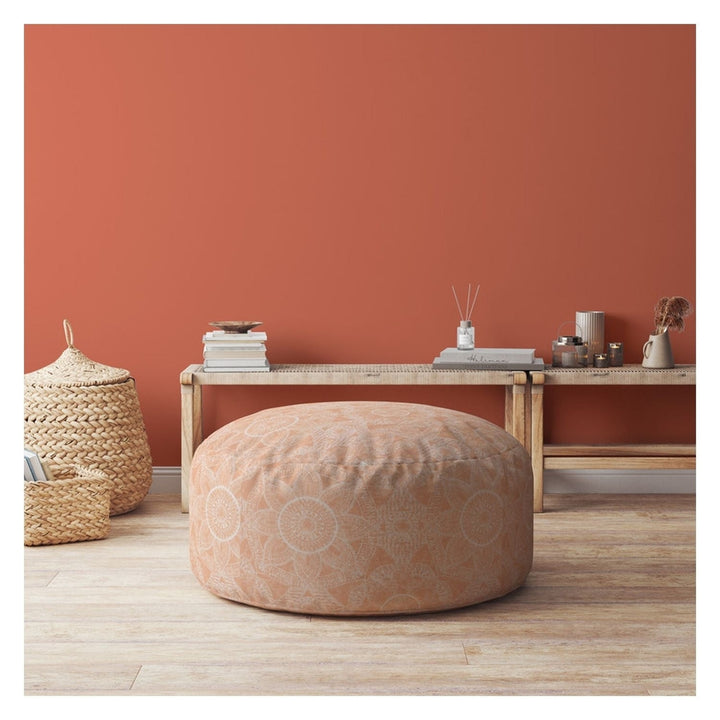 24" Orange Cotton Round Floral Pouf Cover Image 3