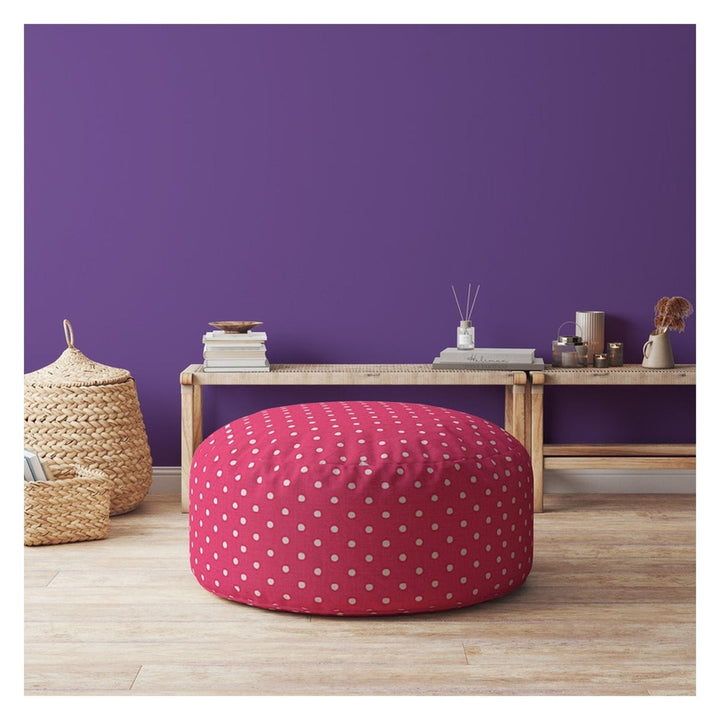 24" Pink And White Cotton Round Polka Dots Pouf Cover Image 3