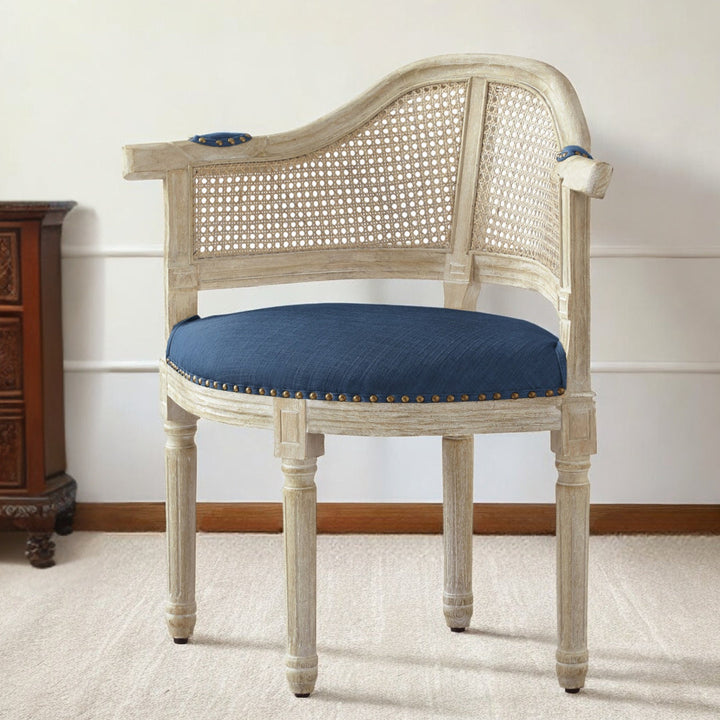 24" Navy Blue And Beige Linen Arm Chair Image 9