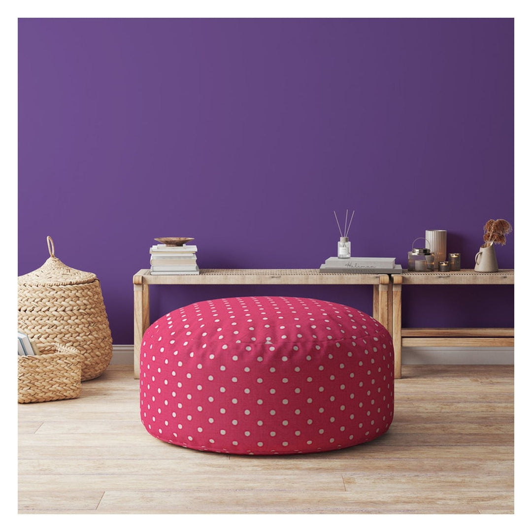 24" Pink Cotton Round Polka Dots Pouf Ottoman Image 2