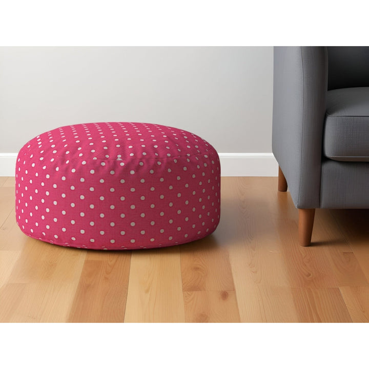 24" Pink Cotton Round Polka Dots Pouf Ottoman Image 4