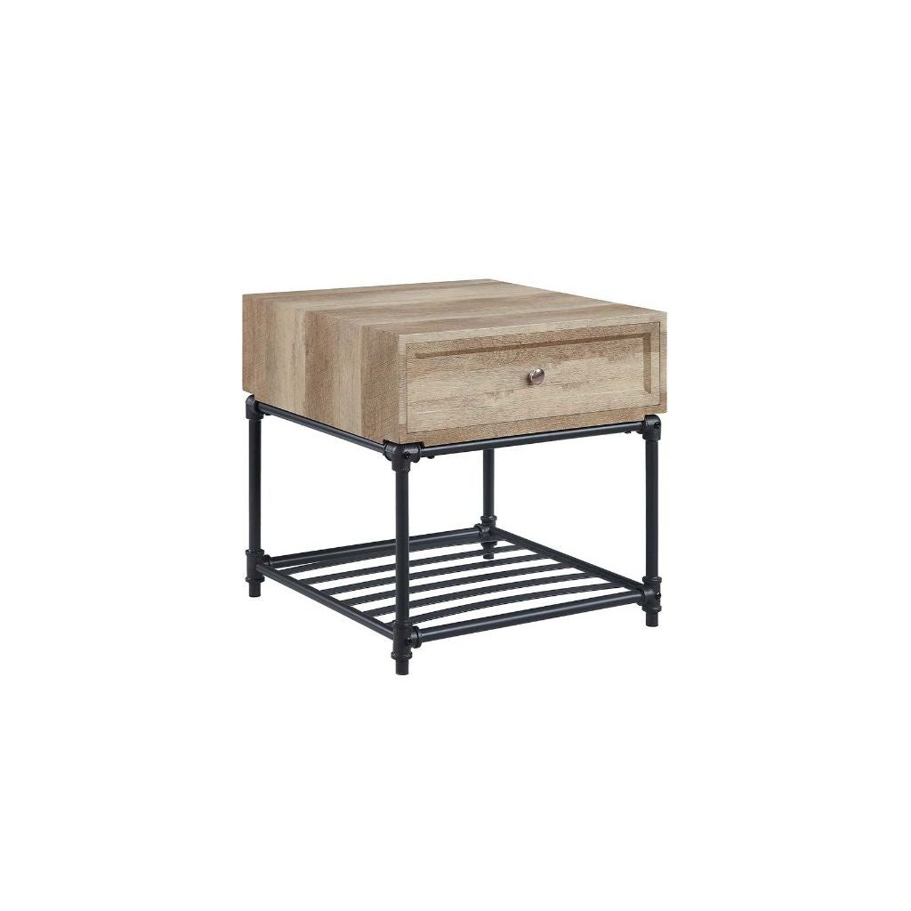 22" Sandy Black And Oak Manufactured Wood And Metal Square End Table With Drawer And Shelf Image 1