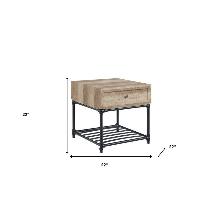 22" Sandy Black And Oak Manufactured Wood And Metal Square End Table With Drawer And Shelf Image 2