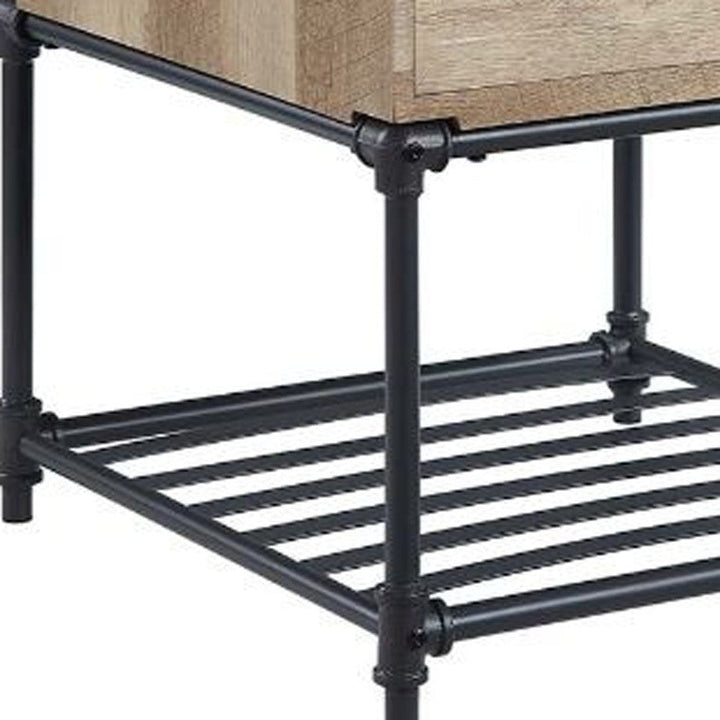 22" Sandy Black And Oak Manufactured Wood And Metal Square End Table With Drawer And Shelf Image 4