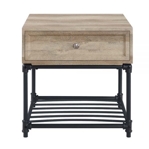 22" Sandy Black And Oak Manufactured Wood And Metal Square End Table With Drawer And Shelf Image 5