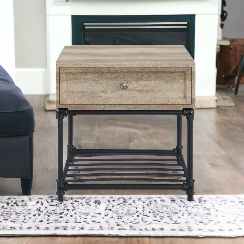 22" Sandy Black And Oak Manufactured Wood And Metal Square End Table With Drawer And Shelf Image 6