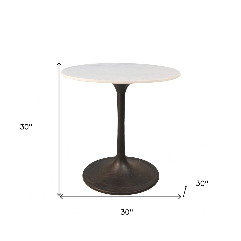 30" White and Black Rounded Marble and Iron Pedestal Base Dining Image 2