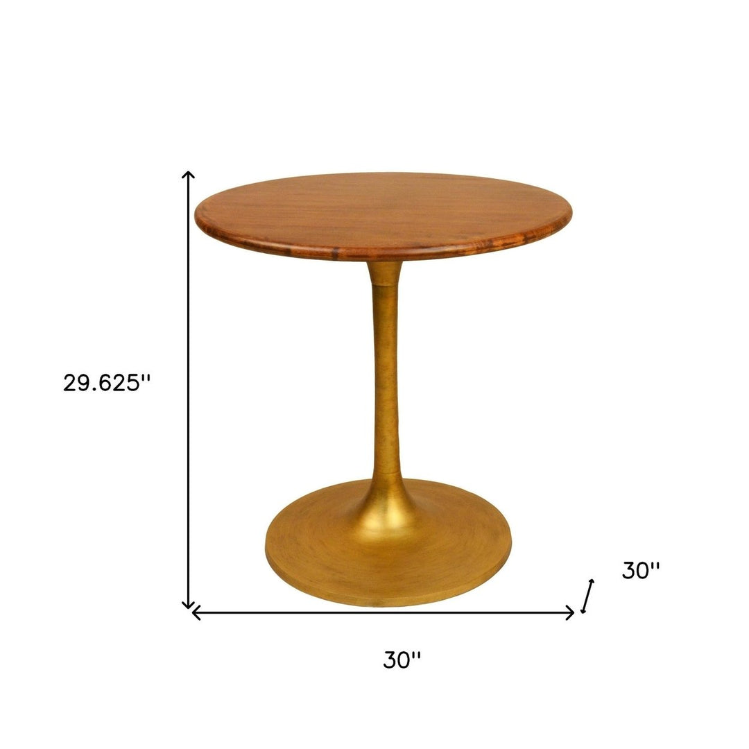 30" Brown and Gold Rounded Solid Wood and Iron Pedestal Base Dining Image 3